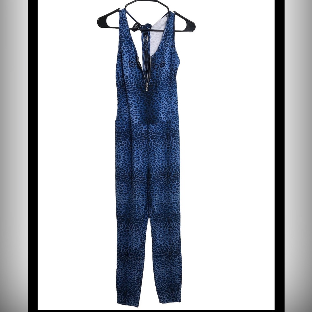 BeBe Electric Blue & Black Leopard Print Jumpsuit Crisscross Back Medium